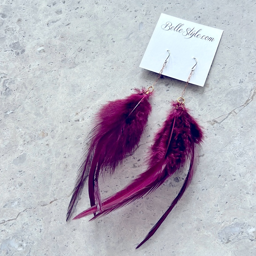 BelleStyle Fountain Maroon Feather Earrings
